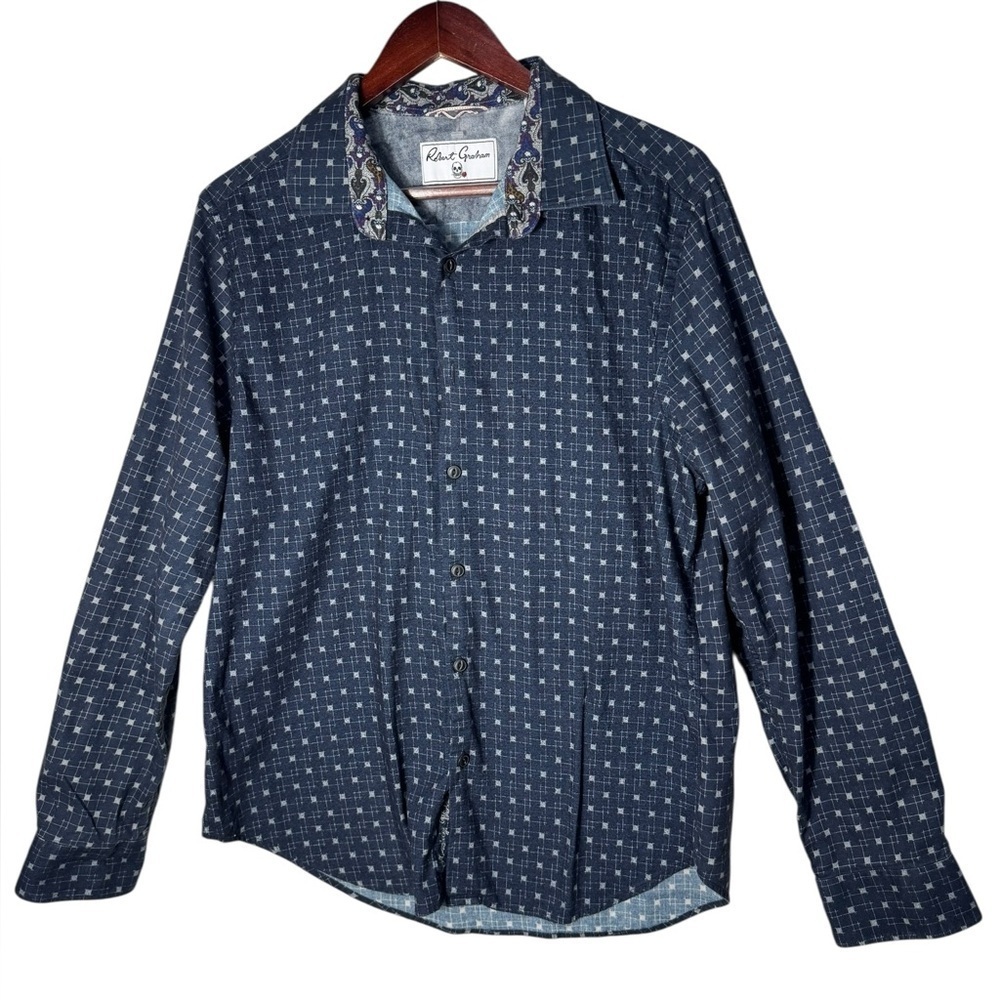 Robert Graham Long Sleeve Geometric Skill Button Down Shirt Blue EUC Size XL